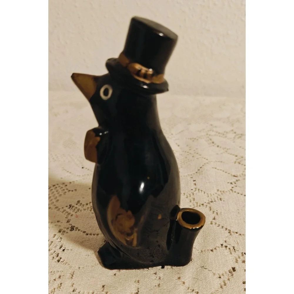 1950s Japan Redware PENGUIN IN TOP HAT PEN/PENCIL HOLDER (Black & Gold)